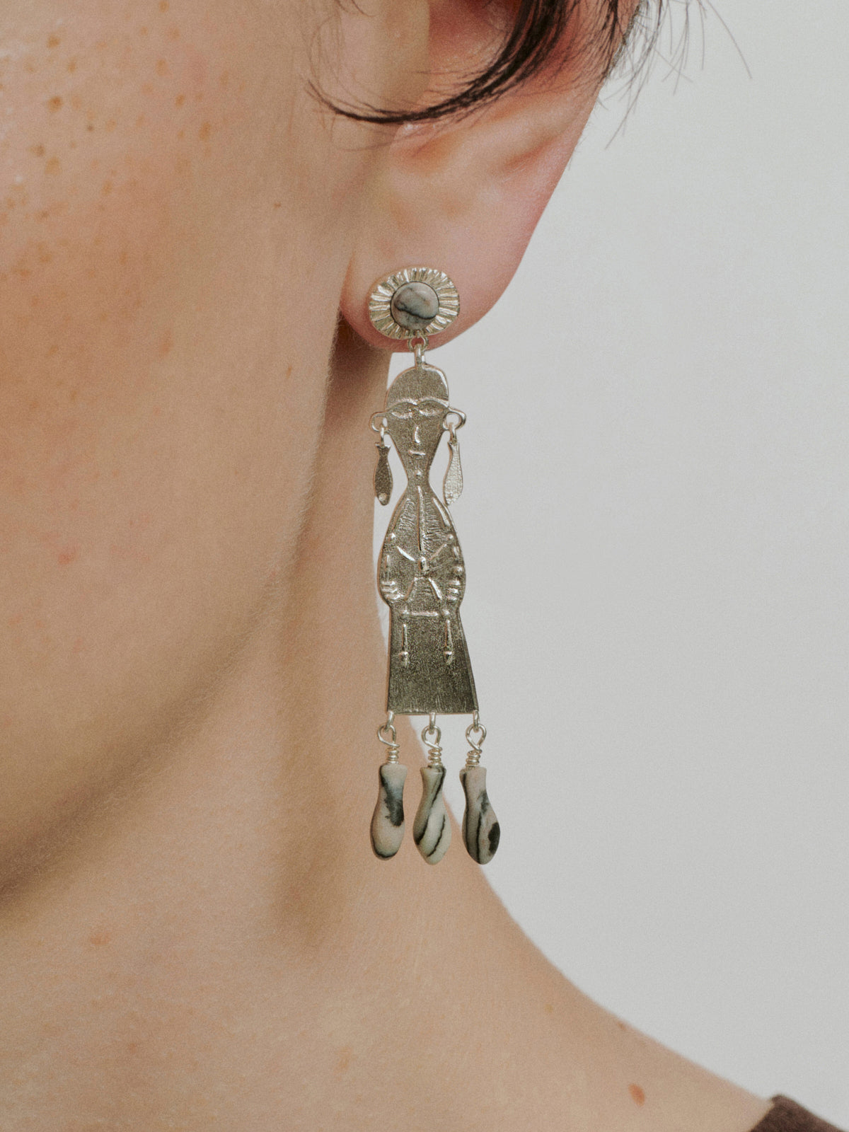 Silver harvestman drop earrings with circular stud and long dangling chains